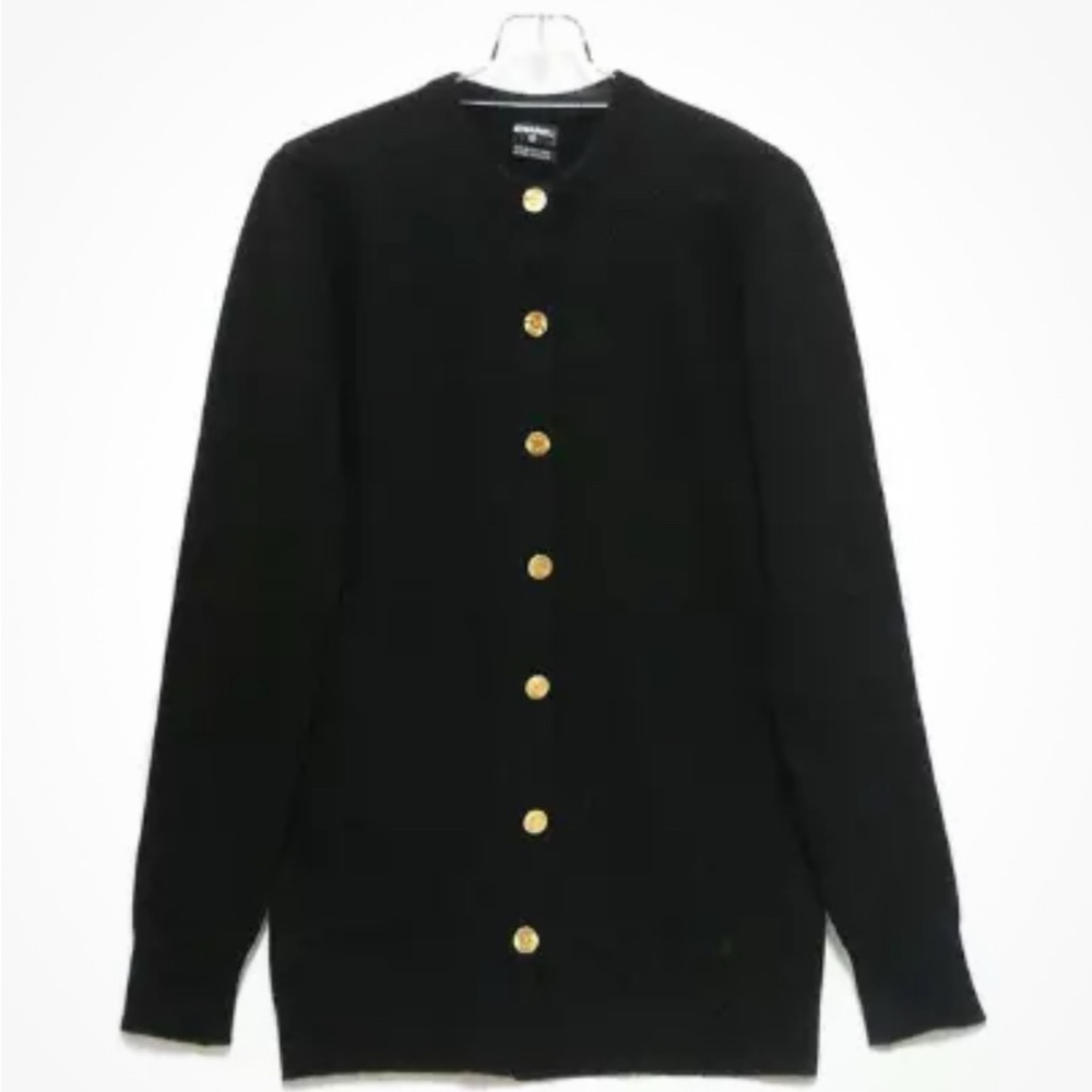 CHANEL Black and Gold Cardigan Sweater with Round Neckline.
